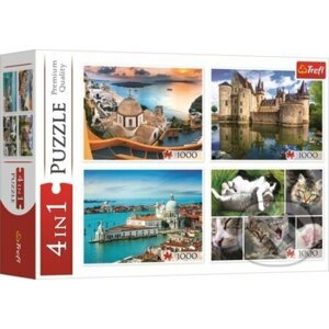 Puzzle Santorini, Benátky, Zámek Sully-sur-Loire a Kočky - Trefl